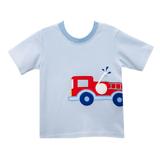 Firetruck Harry's Play Tee, Light Blue Bitty Stripe