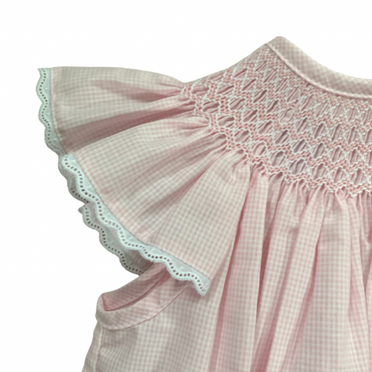 Pink Gingham Angel Wing Bishop with Eyelet Edge Trim
