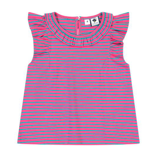 Collette Ruffle Top - fuschia turquoise stripe