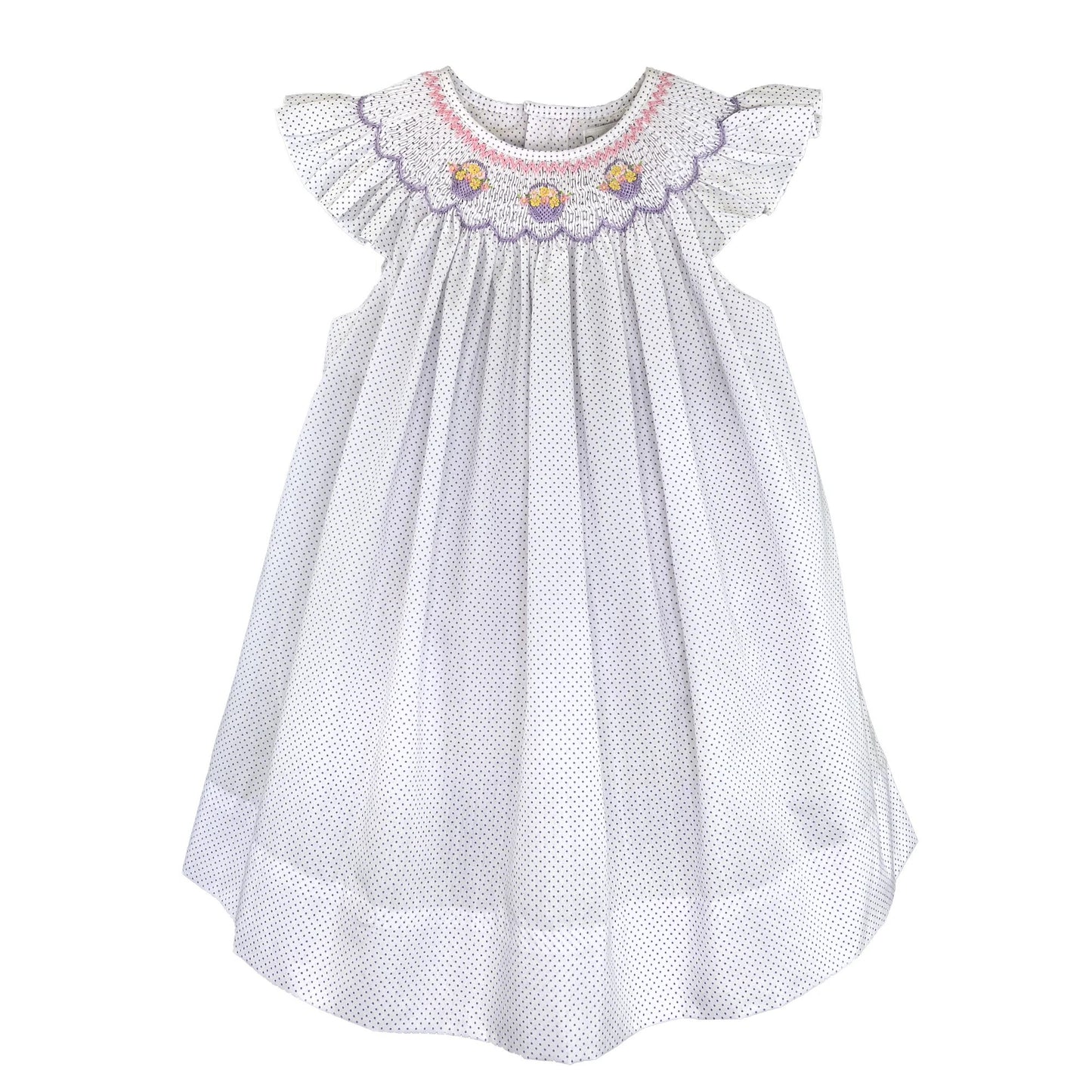 Lavender Dot Smocked Flower Basket Dress  - baby