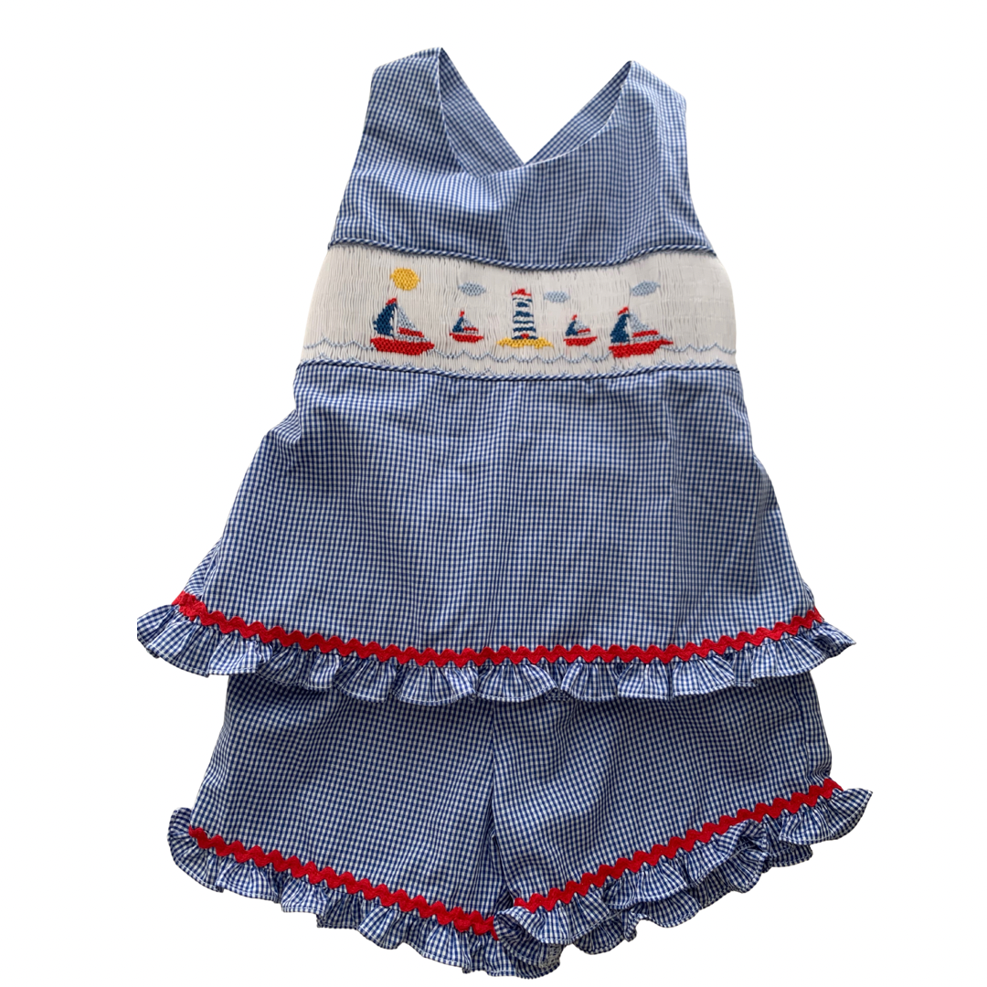 Sailboat Smocked Girl Short Set - Hotchpotch Kids