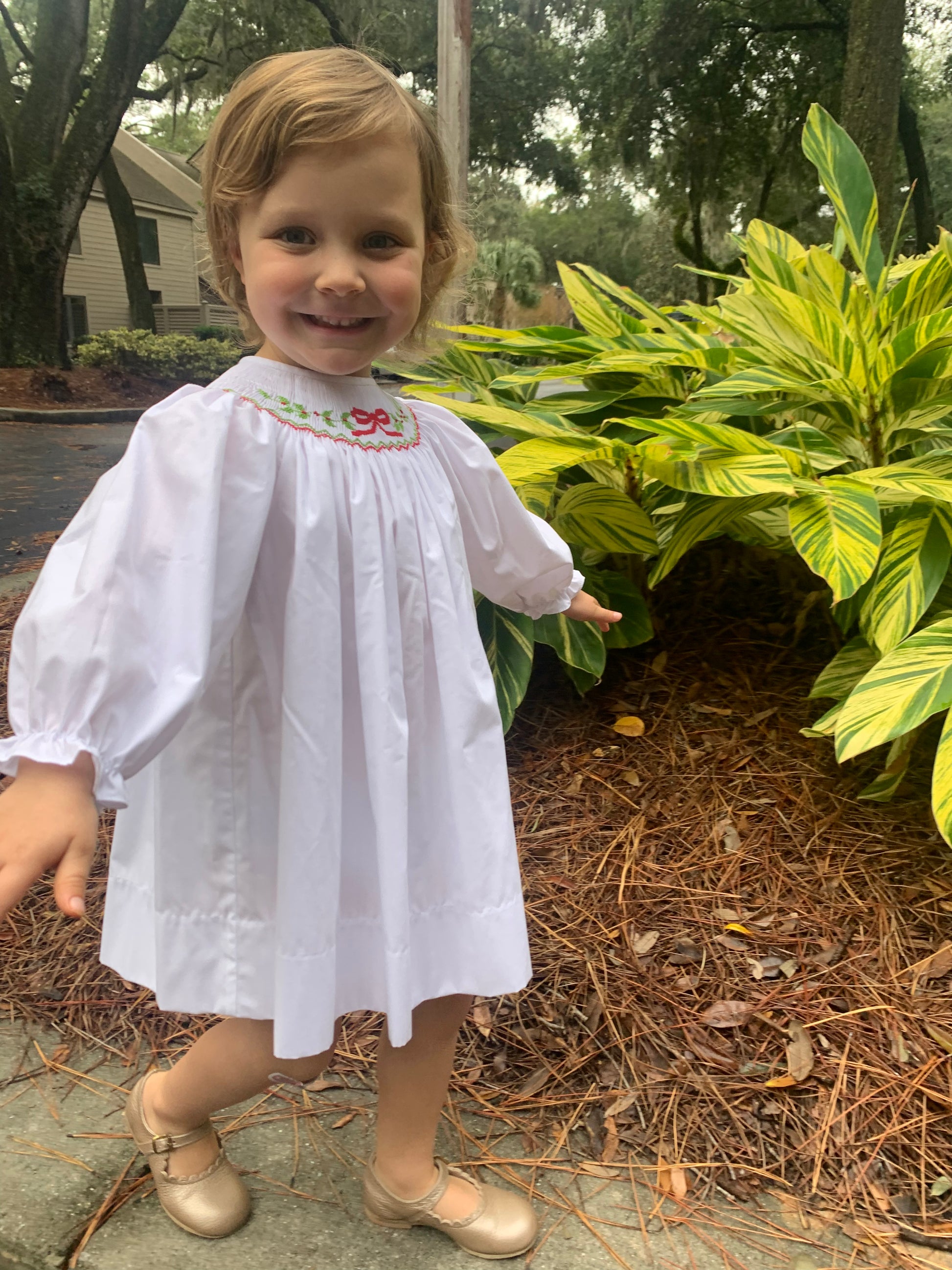 White Christmas Bows and Hollies Smocked Bishop - Hotchpotch Kids