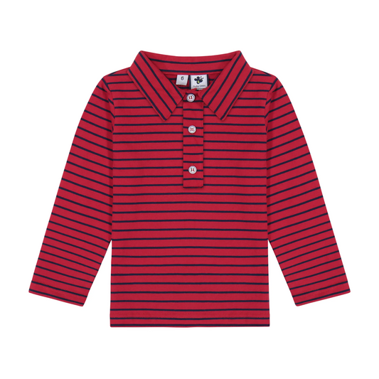 Long Sleeve Polo Red Stripe Navy - Hotchpotch Kids